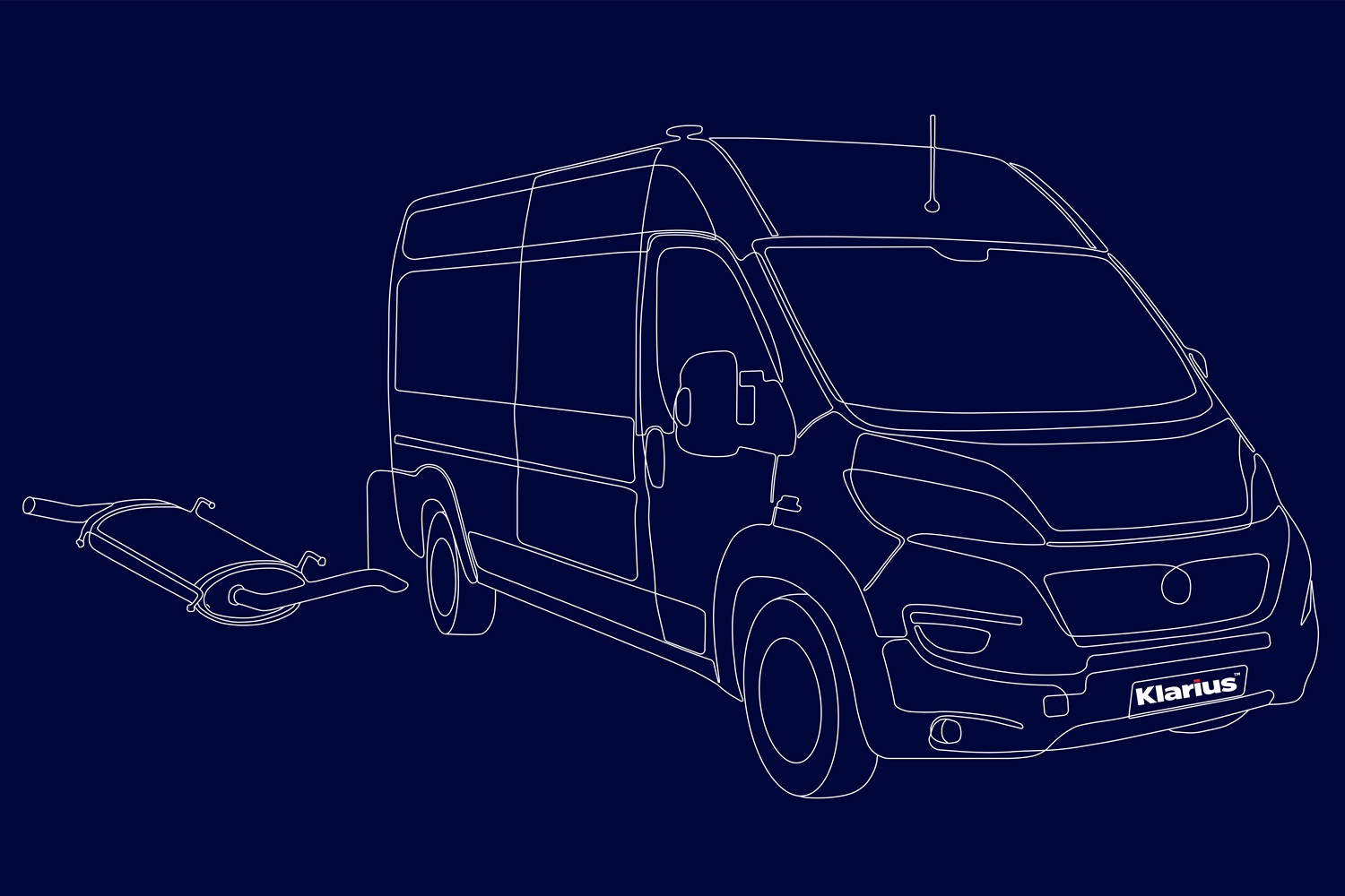 KLR-0213_April 2025 NTR Image Edit_Blue_web Line drawing of a Mini Cooper with a Klarius-branded exhaust system component, representing aftermarket automotive parts.