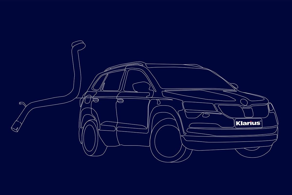 Klarius New To Range Release June 2025 - Skoda Karoq Line drawing of a Mini Cooper with a Klarius-branded exhaust system component, representing aftermarket automotive parts.
